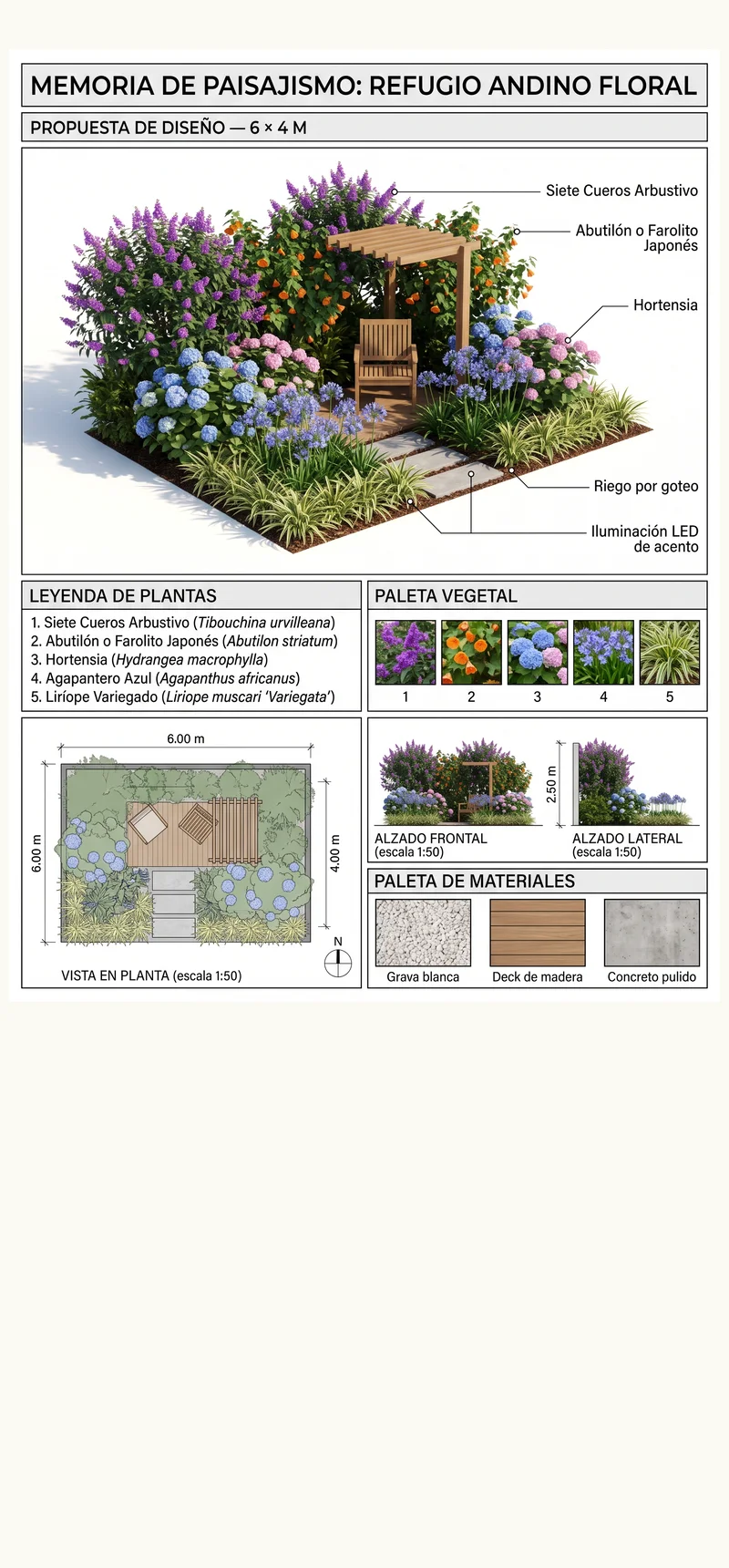 App Jardinova: memoria de paisajismo con render 3D, vista en planta acotada, alzados y paleta de plantas y materiales